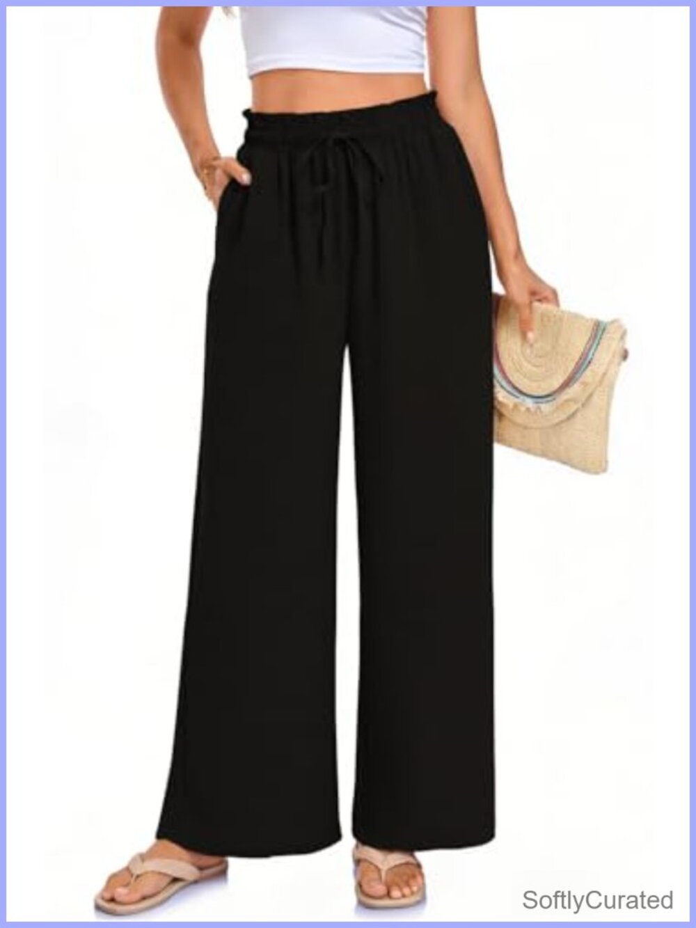Plus Size Petite Wide Leg Palazzo Beach Pants Drawstring Waist Pockets